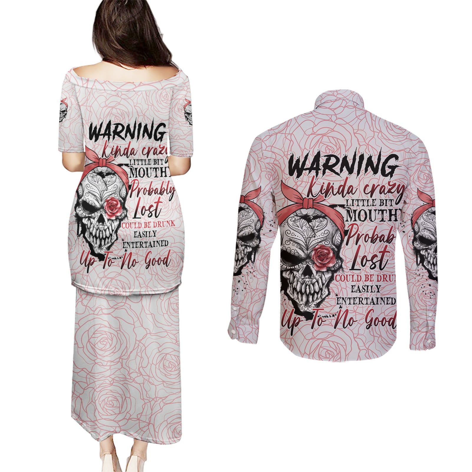 Warning Kinda Crazy Tattooed Girl Rose Couples Matching Puletasi Dress and Long Sleeve Button Shirt - Wonder Print Shop