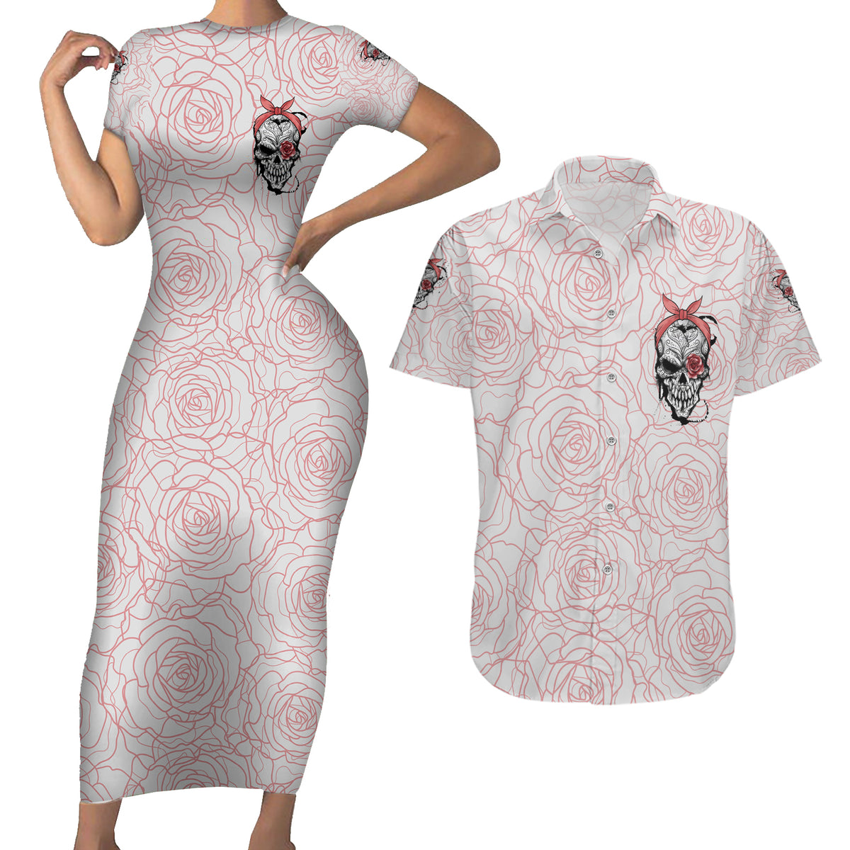 Warning Kinda Crazy Tattooed Girl Rose Couples Matching Short Sleeve Bodycon Dress and Hawaiian Shirt - Wonder Print Shop