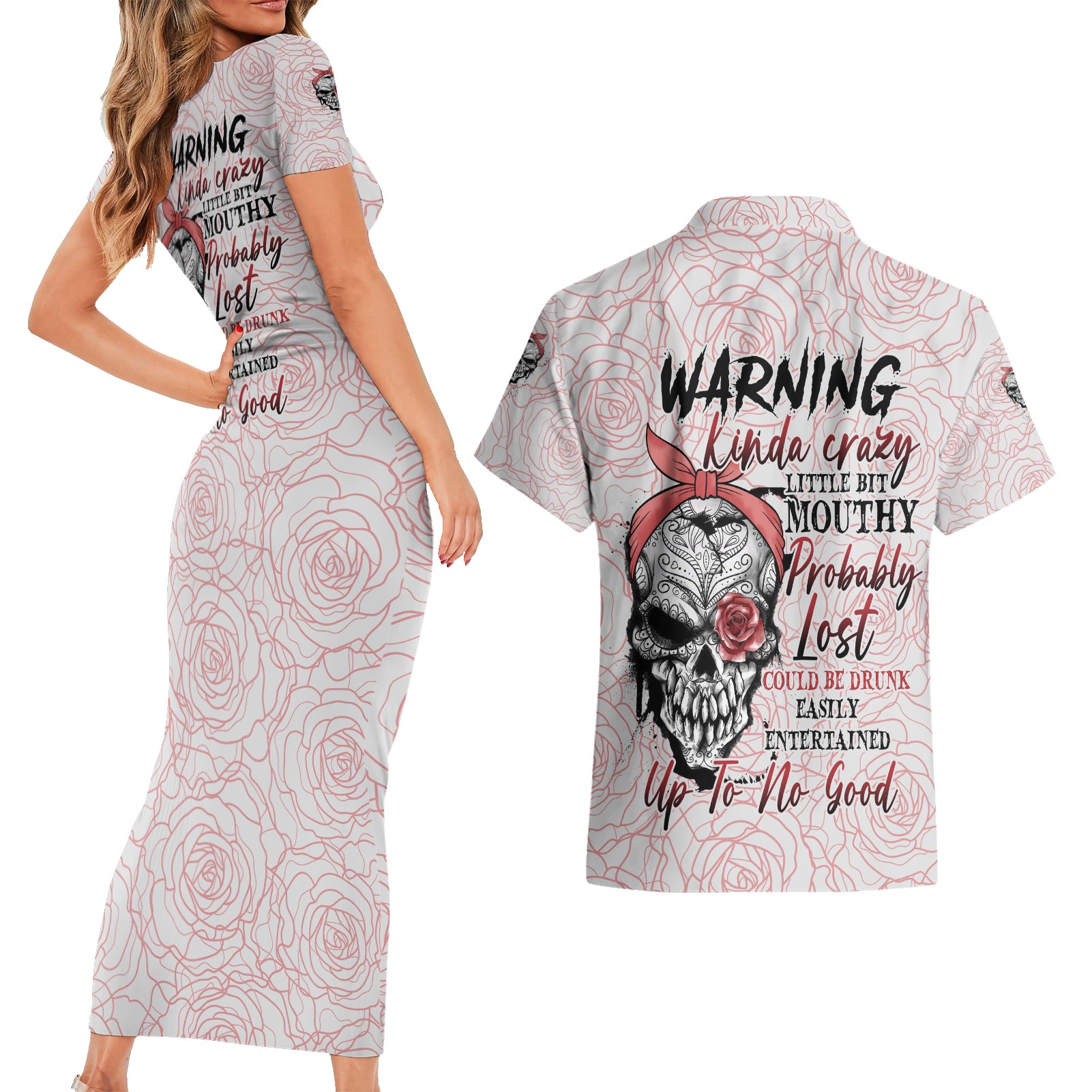 Warning Kinda Crazy Tattooed Girl Rose Couples Matching Short Sleeve Bodycon Dress and Hawaiian Shirt - Wonder Print Shop