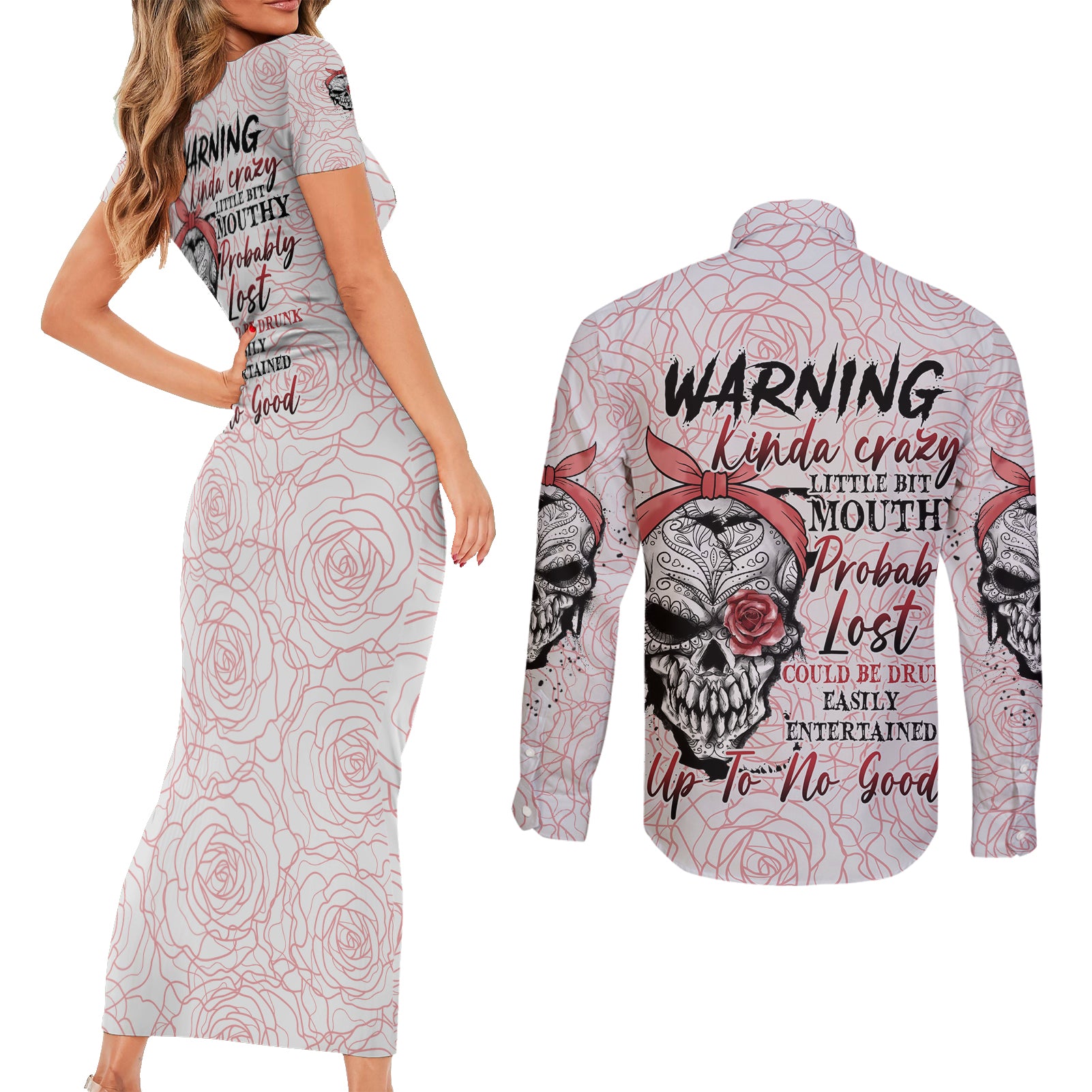 Warning Kinda Crazy Tattooed Girl Rose Couples Matching Short Sleeve Bodycon Dress and Long Sleeve Button Shirt - Wonder Print Shop