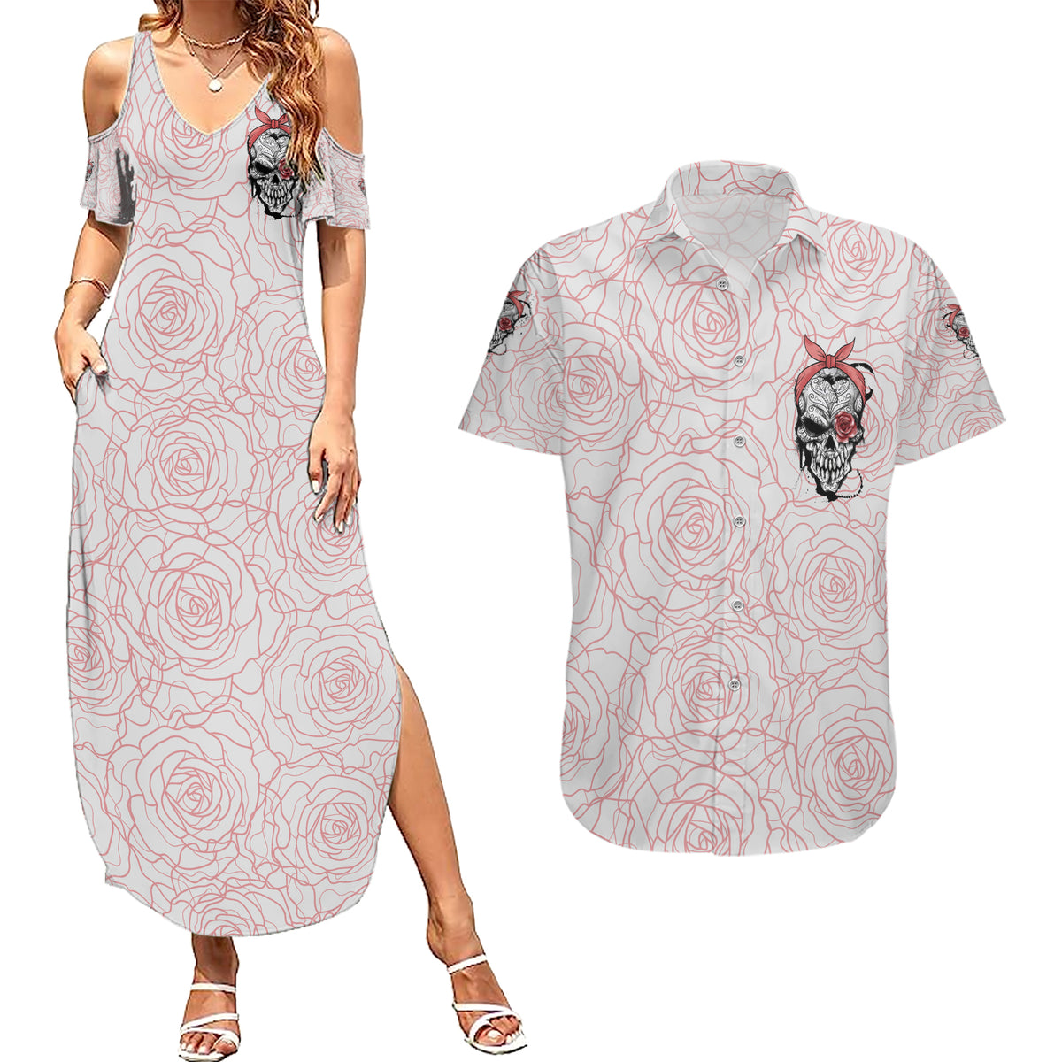 Warning Kinda Crazy Tattooed Girl Rose Couples Matching Summer Maxi Dress and Hawaiian Shirt - Wonder Print Shop