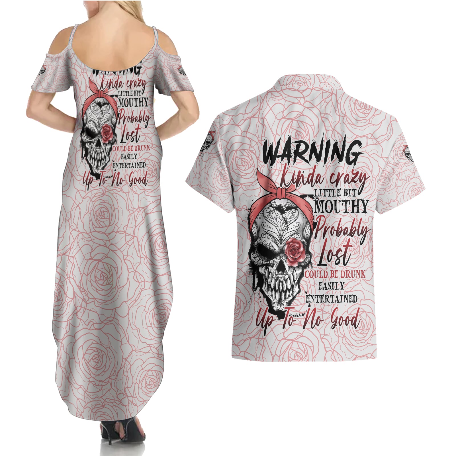 Warning Kinda Crazy Tattooed Girl Rose Couples Matching Summer Maxi Dress and Hawaiian Shirt - Wonder Print Shop