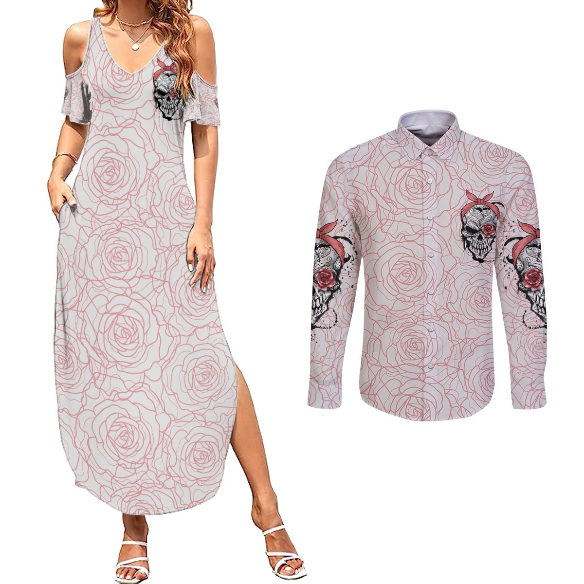 Warning Kinda Crazy Tattooed Girl Rose Couples Matching Summer Maxi Dress and Long Sleeve Button Shirt - Wonder Print Shop