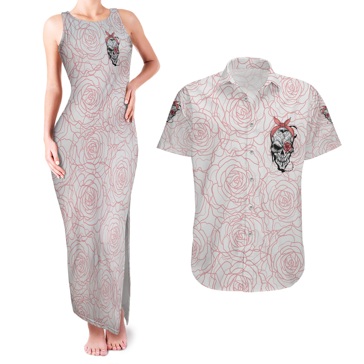 Warning Kinda Crazy Tattooed Girl Rose Couples Matching Tank Maxi Dress and Hawaiian Shirt - Wonder Print Shop