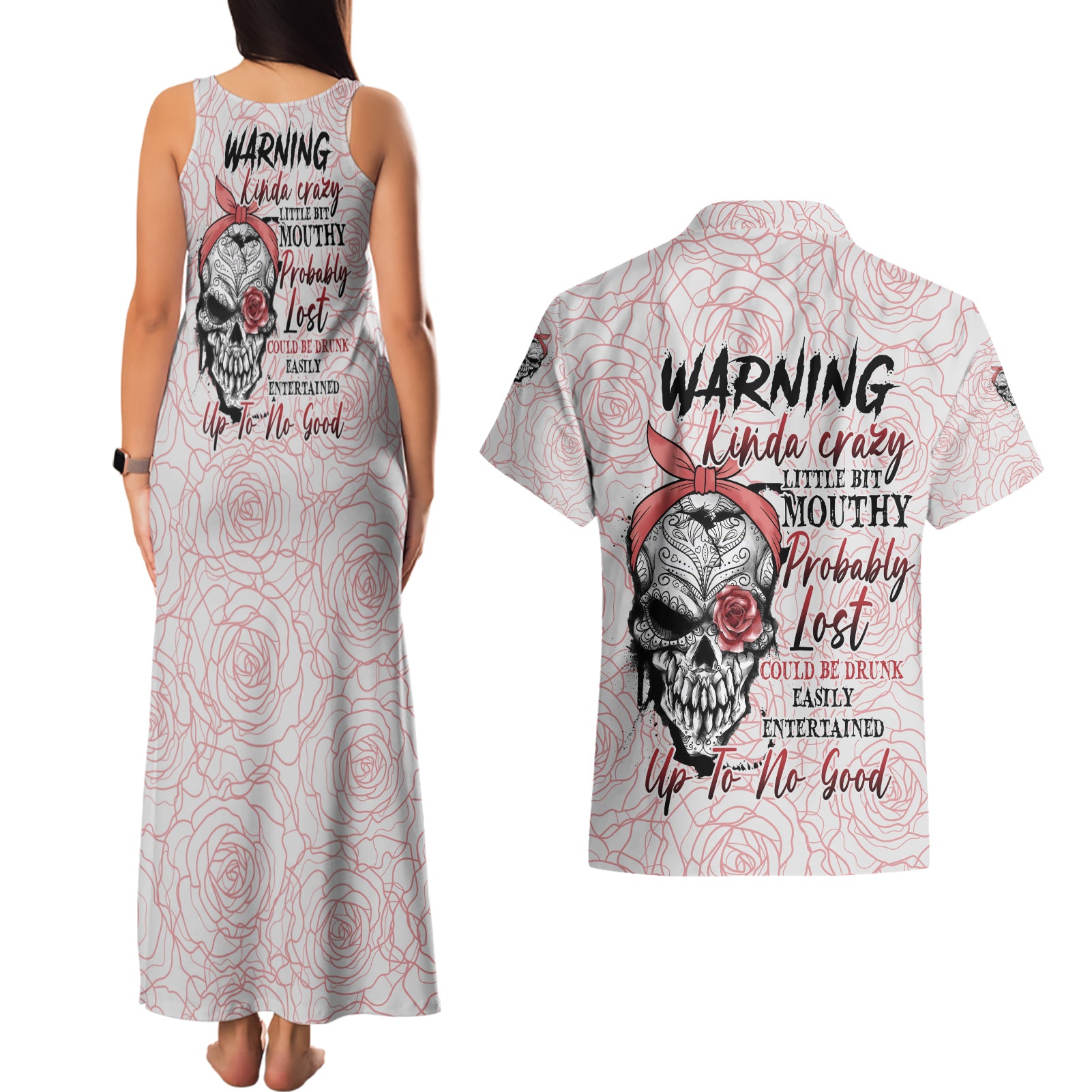 Warning Kinda Crazy Tattooed Girl Rose Couples Matching Tank Maxi Dress and Hawaiian Shirt - Wonder Print Shop
