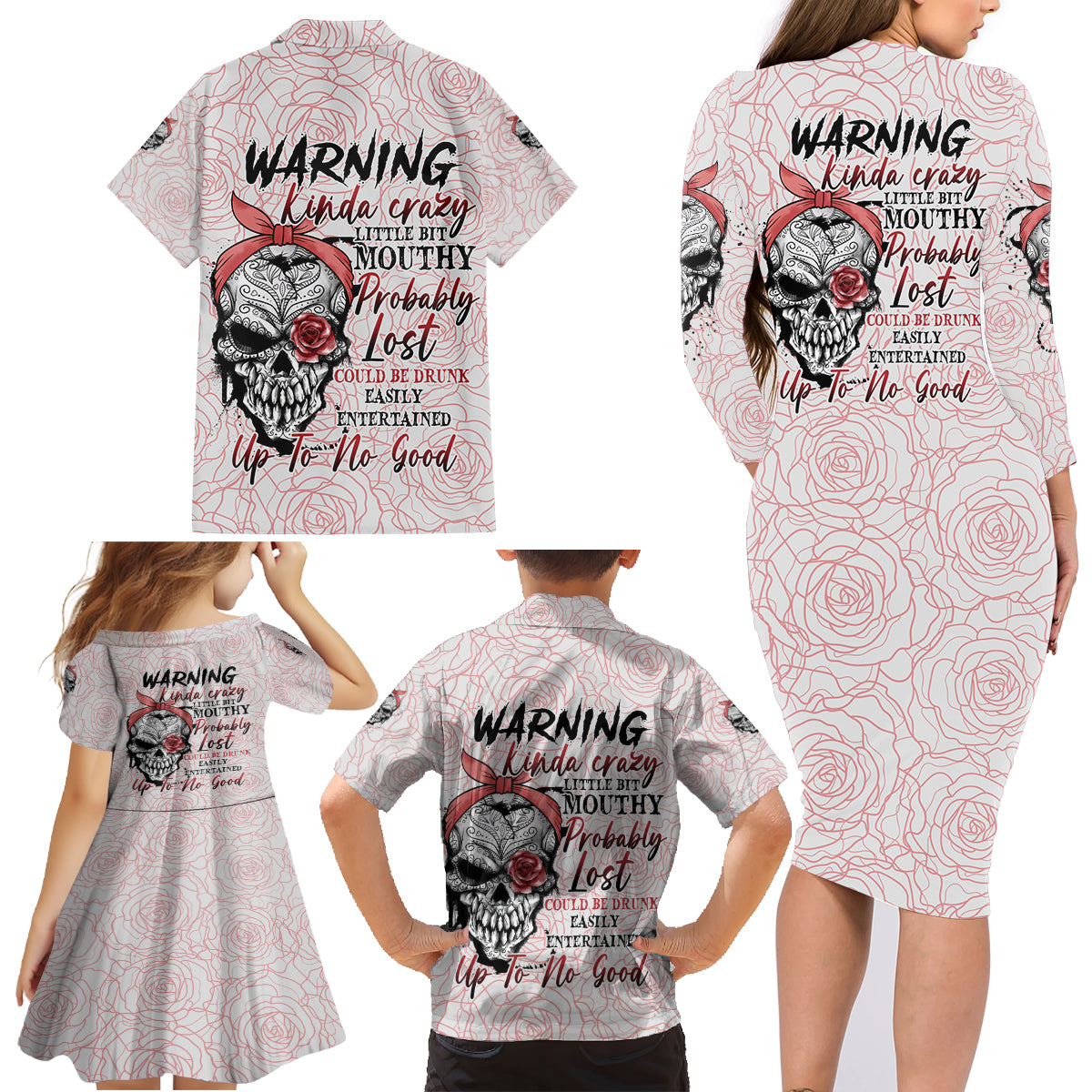 Warning Kinda Crazy Tattooed Girl Rose Family Matching Long Sleeve Bodycon Dress and Hawaiian Shirt - Wonder Print Shop