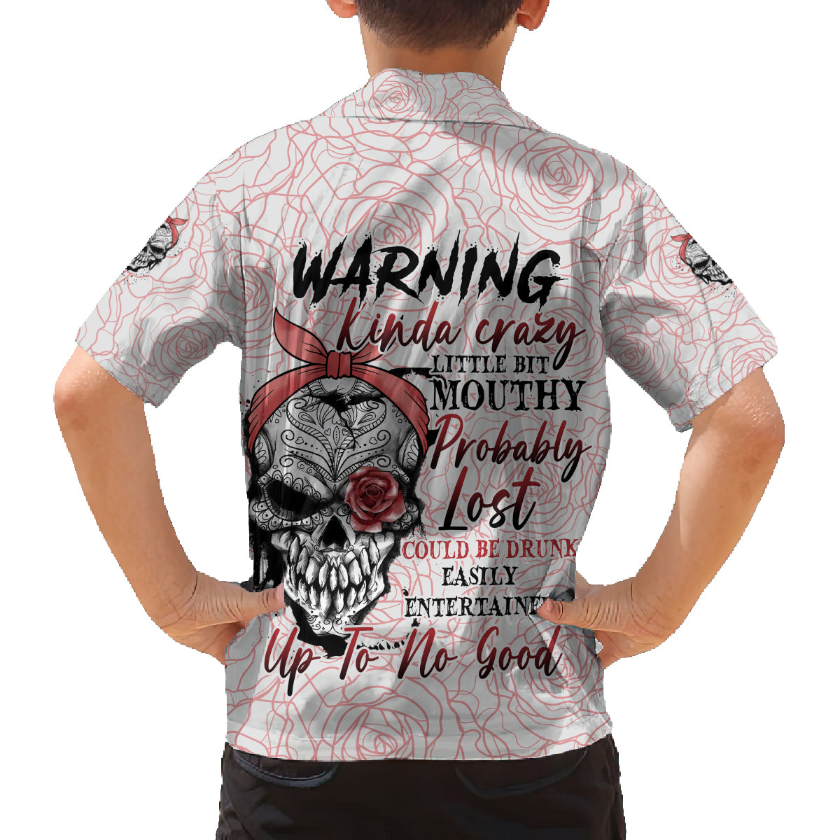 Warning Kinda Crazy Tattooed Girl Rose Family Matching Off Shoulder Long Sleeve Dress and Hawaiian Shirt - Wonder Print Shop