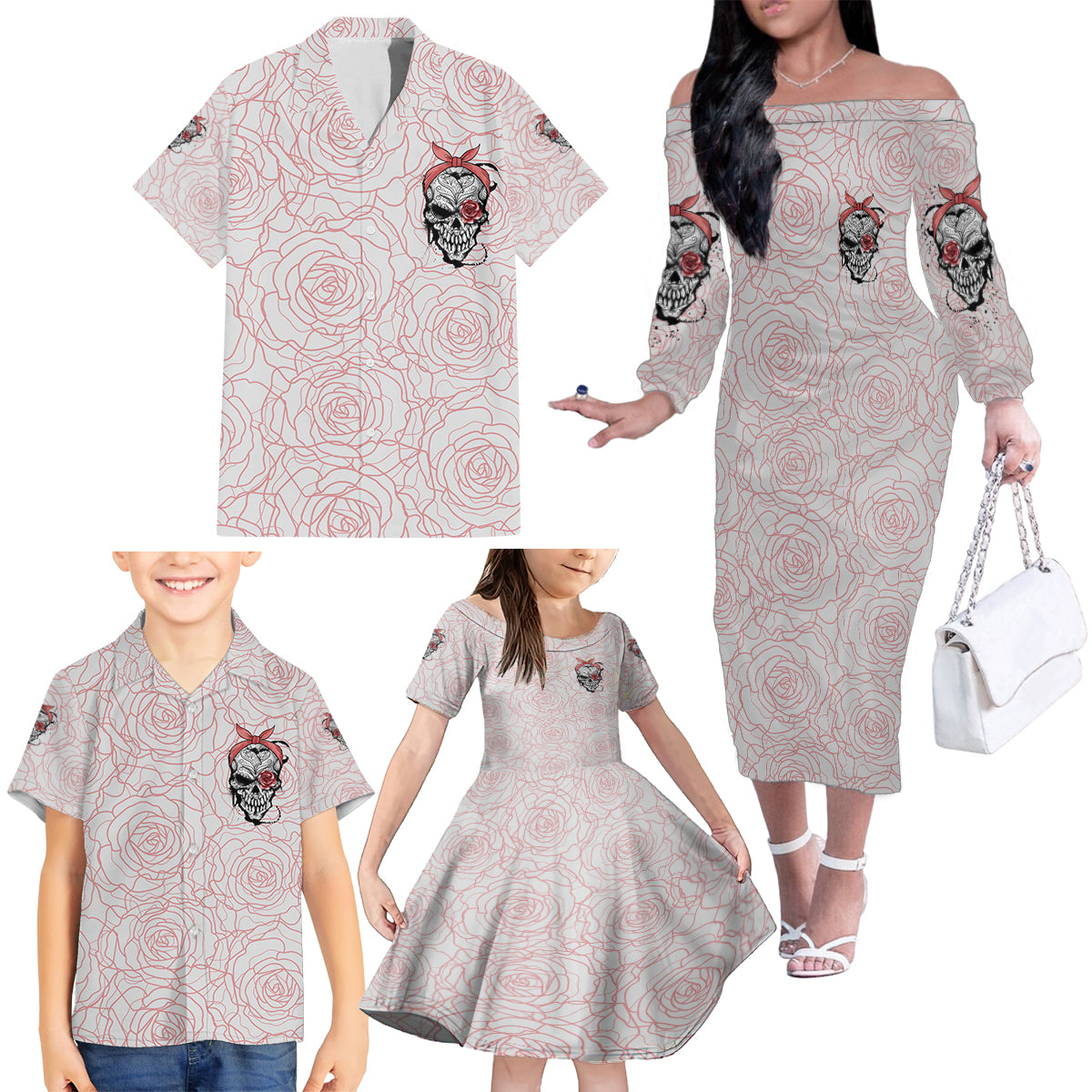 Warning Kinda Crazy Tattooed Girl Rose Family Matching Off Shoulder Long Sleeve Dress and Hawaiian Shirt - Wonder Print Shop