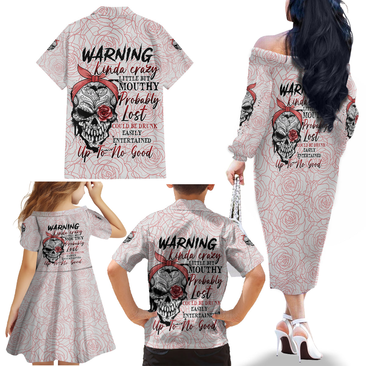 Warning Kinda Crazy Tattooed Girl Rose Family Matching Off Shoulder Long Sleeve Dress and Hawaiian Shirt - Wonder Print Shop