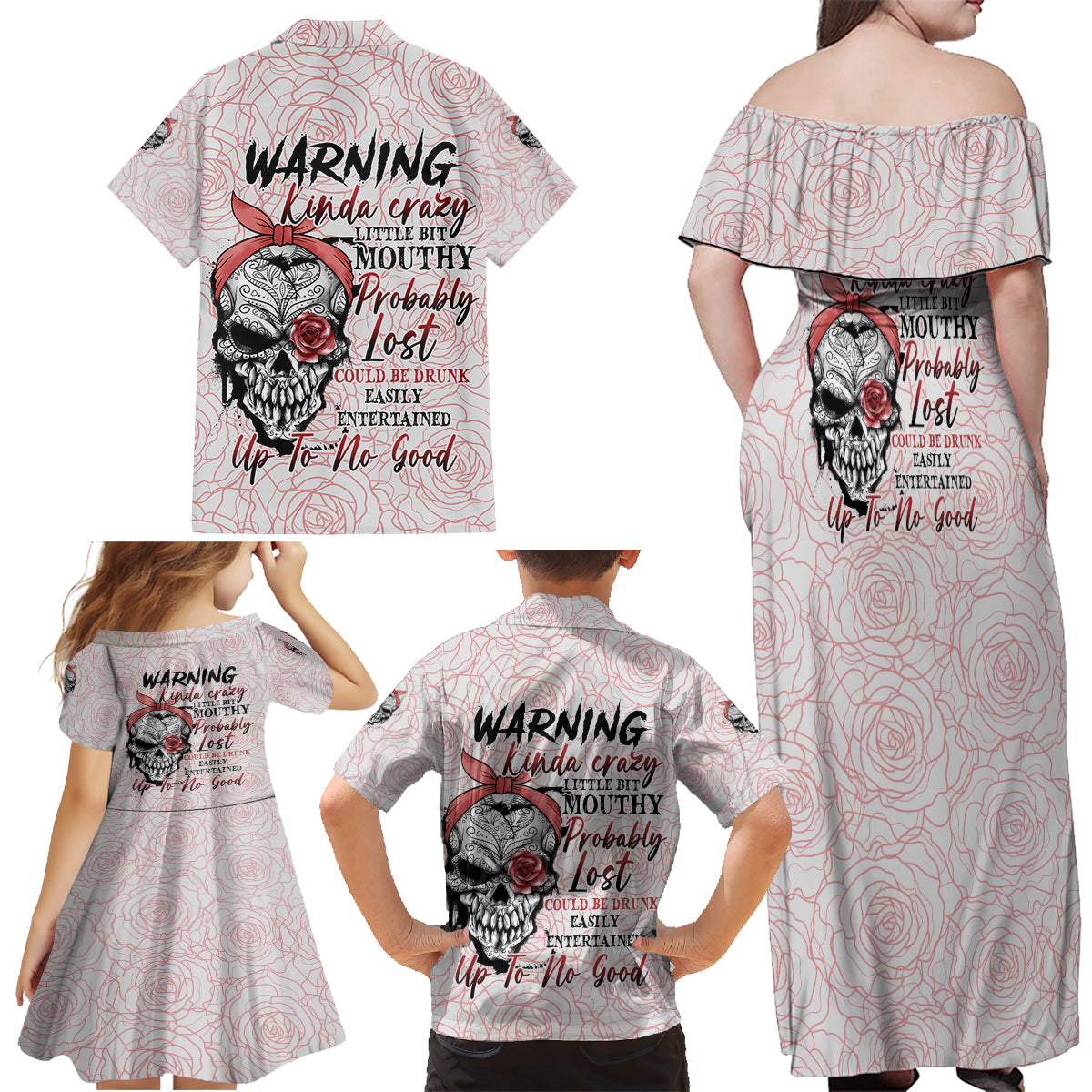 Warning Kinda Crazy Tattooed Girl Rose Family Matching Off Shoulder Maxi Dress and Hawaiian Shirt - Wonder Print Shop