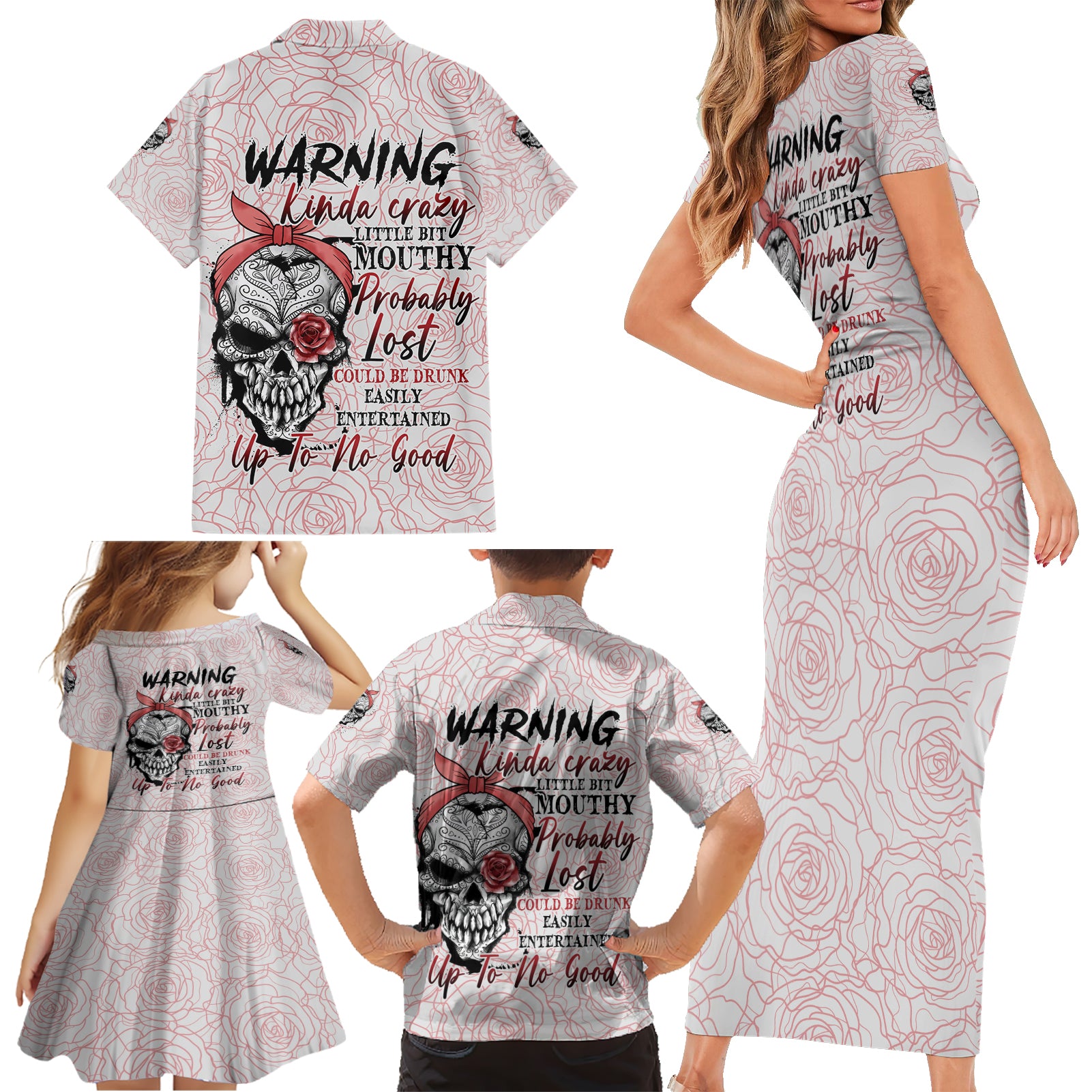 Warning Kinda Crazy Tattooed Girl Rose Family Matching Short Sleeve Bodycon Dress and Hawaiian Shirt - Wonder Print Shop
