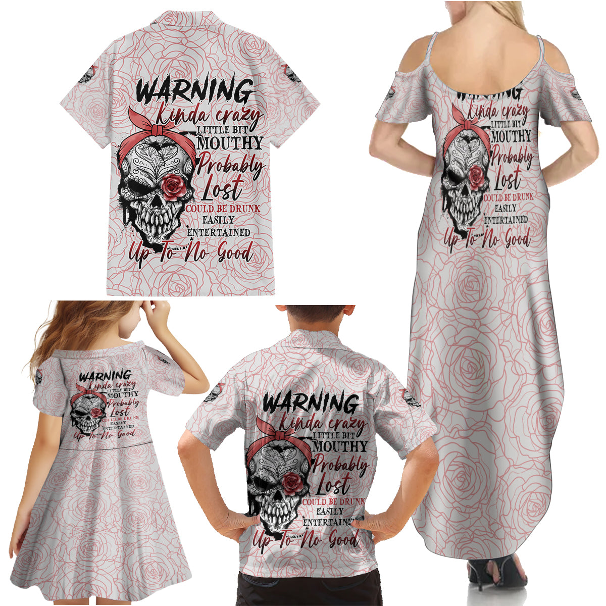 Warning Kinda Crazy Tattooed Girl Rose Family Matching Summer Maxi Dress and Hawaiian Shirt - Wonder Print Shop