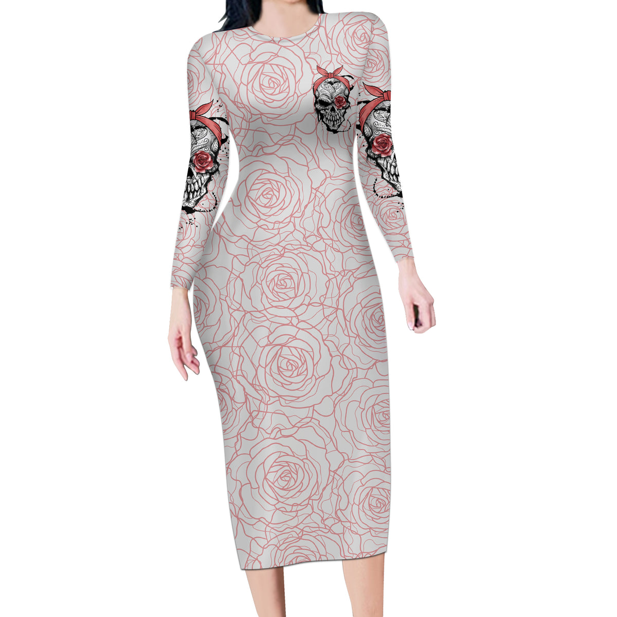 Warning Kinda Crazy Tattooed Girl Rose Long Sleeve Bodycon Dress - Wonder Print Shop