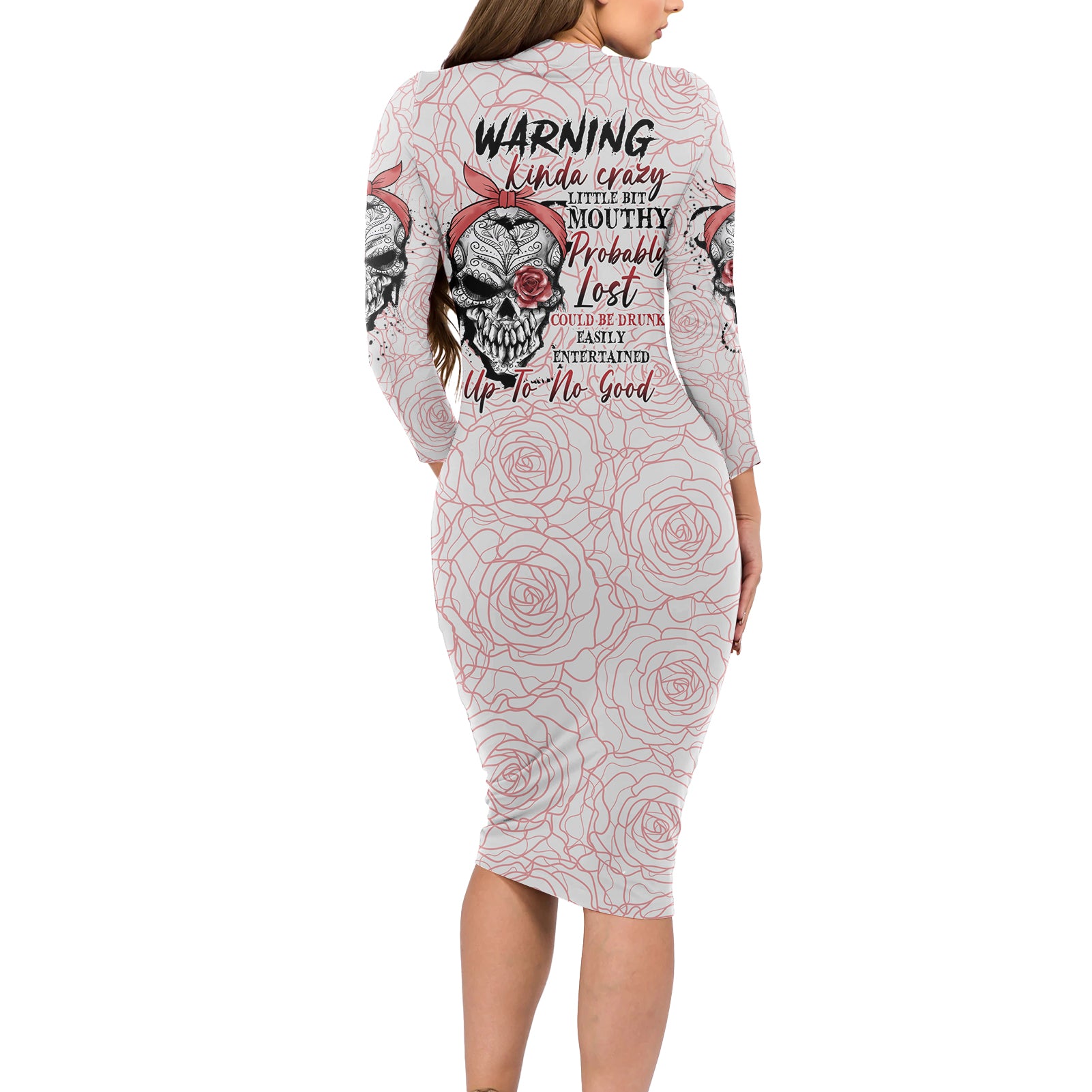 Warning Kinda Crazy Tattooed Girl Rose Long Sleeve Bodycon Dress - Wonder Print Shop
