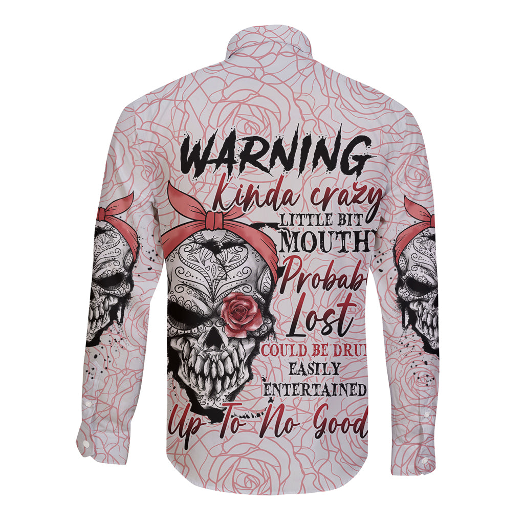 Warning Kinda Crazy Tattooed Girl Rose Long Sleeve Button Shirt - Wonder Print Shop