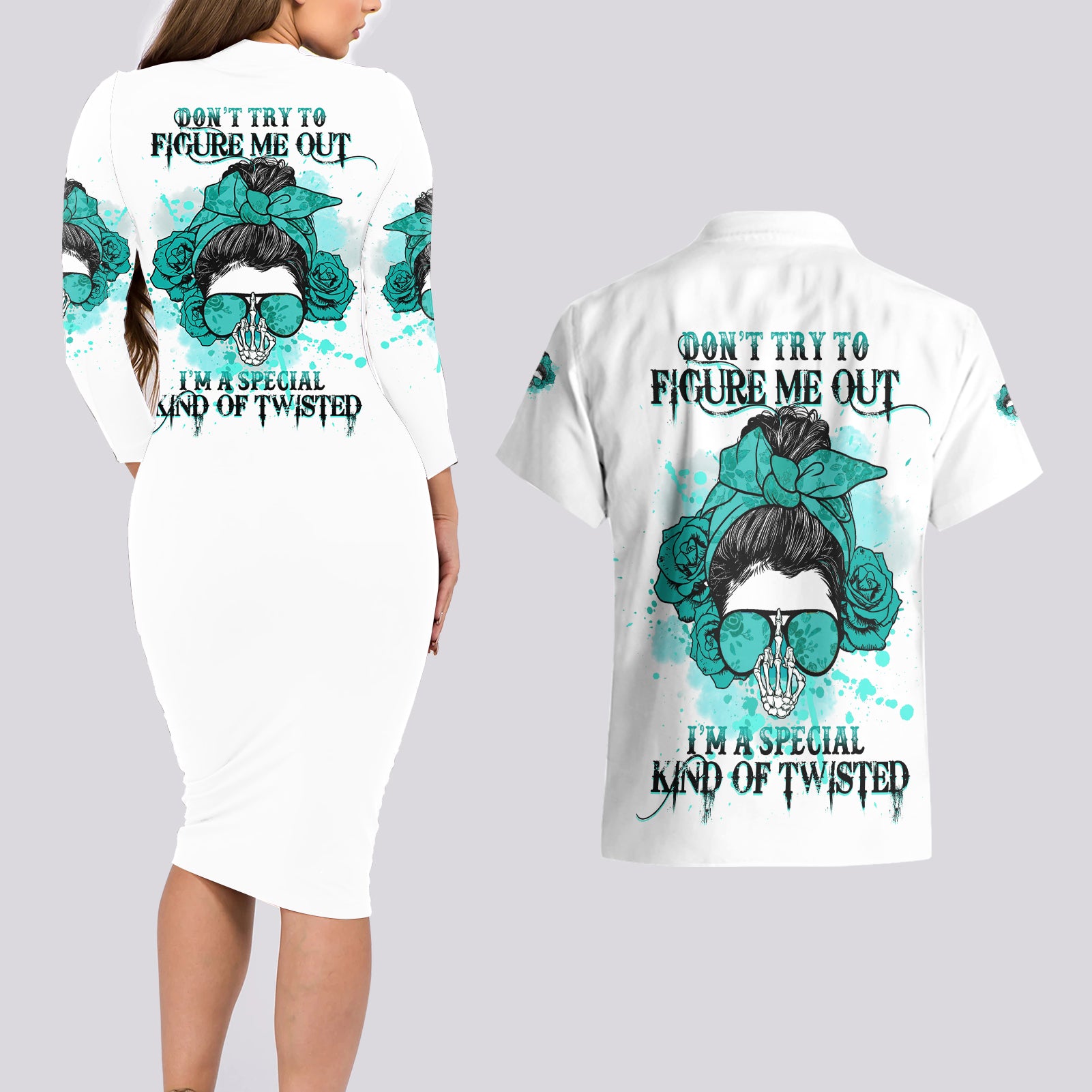 Don't Try To Figure Me Out Messy Bun Couples Matching Long Sleeve Bodycon Dress and Hawaiian Shirt - Wonder Print Shop