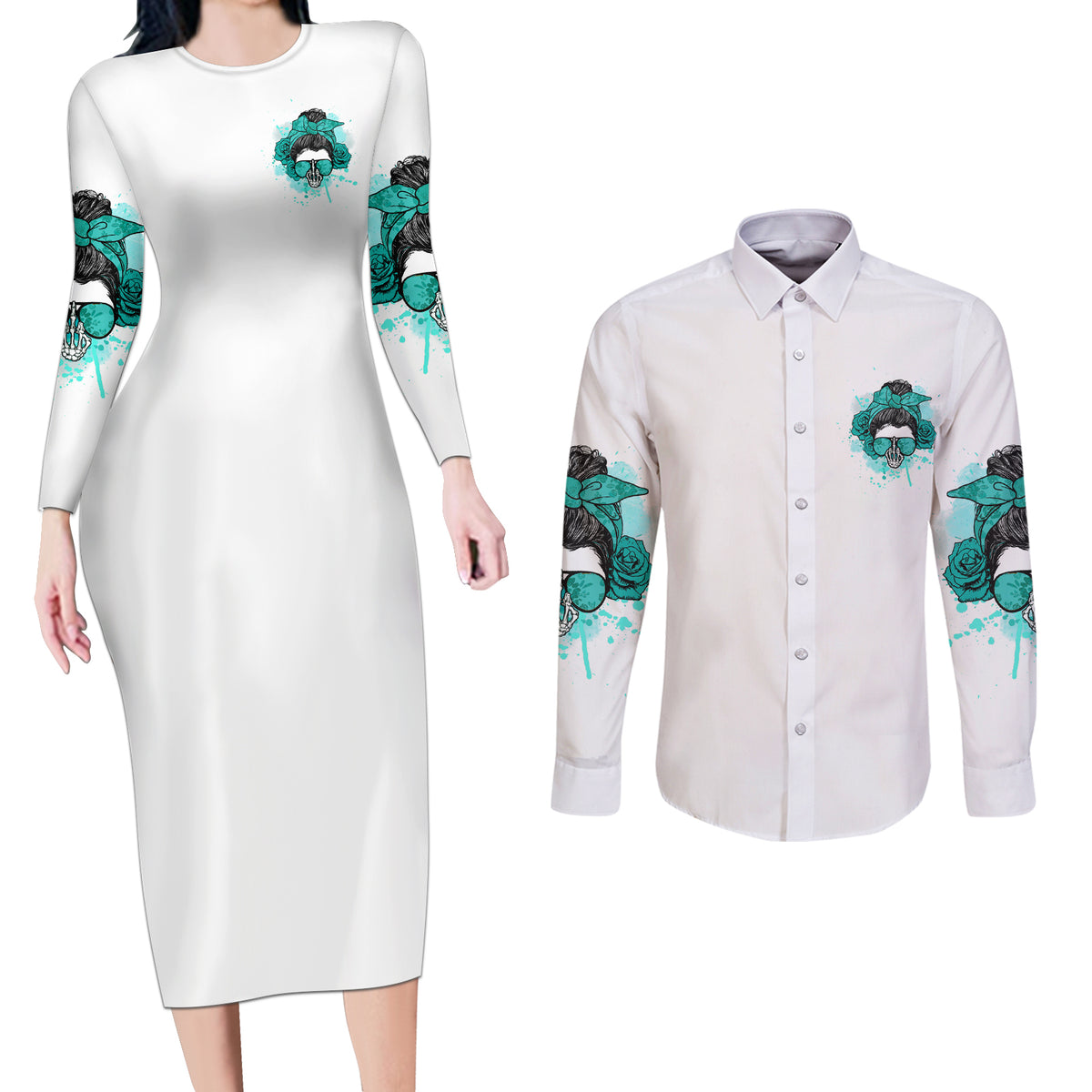 Don't Try To Figure Me Out Messy Bun Couples Matching Long Sleeve Bodycon Dress and Long Sleeve Button Shirt - Wonder Print Shop