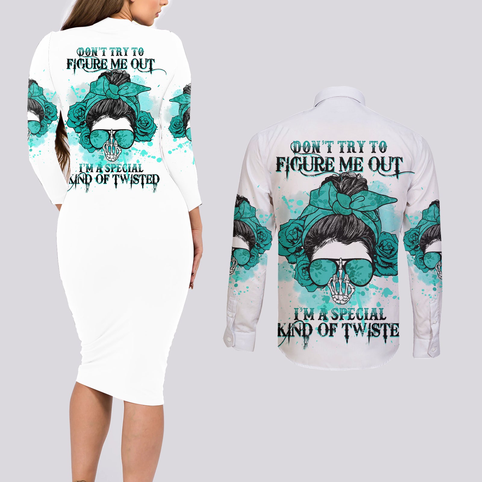 Don't Try To Figure Me Out Messy Bun Couples Matching Long Sleeve Bodycon Dress and Long Sleeve Button Shirt - Wonder Print Shop