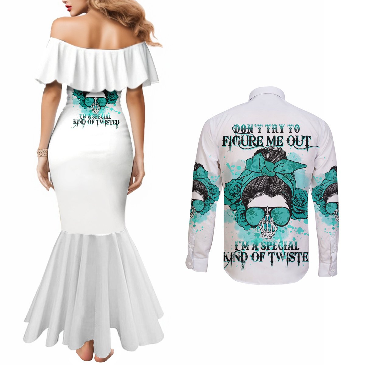 dont-try-to-figure-me-out-messy-bun-couples-matching-mermaid-dress-and-long-sleeve-button-shirt