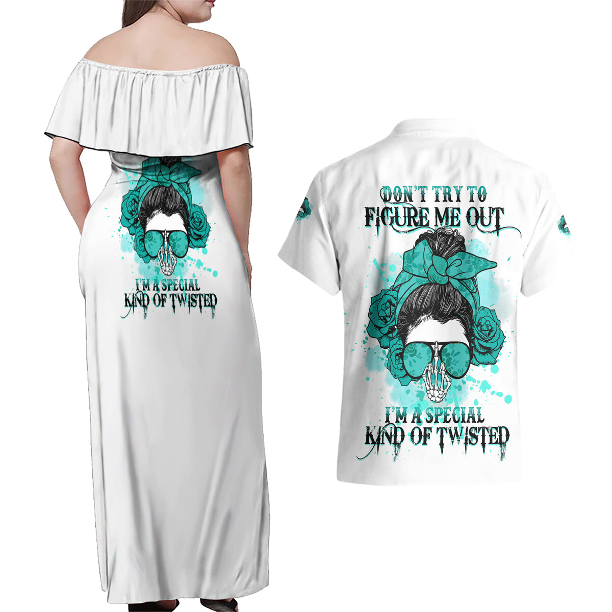 Don't Try To Figure Me Out Messy Bun Couples Matching Off Shoulder Maxi Dress and Hawaiian Shirt - Wonder Print Shop