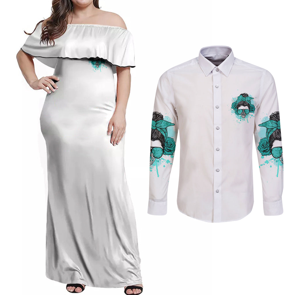 Don't Try To Figure Me Out Messy Bun Couples Matching Off Shoulder Maxi Dress and Long Sleeve Button Shirt - Wonder Print Shop