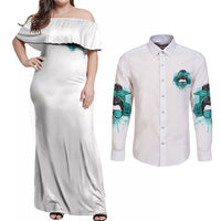 Don't Try To Figure Me Out Messy Bun Couples Matching Off Shoulder Maxi Dress and Long Sleeve Button Shirt - Wonder Print Shop
