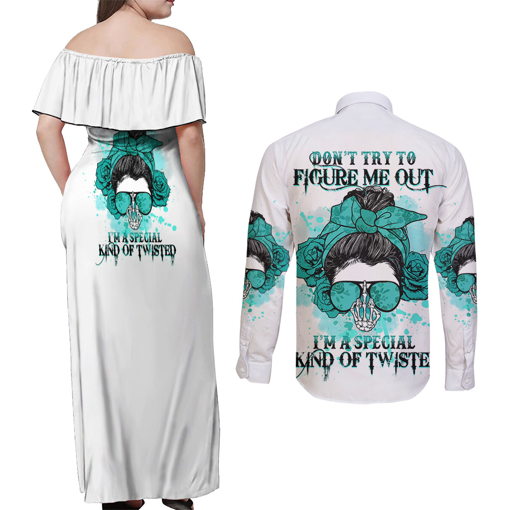 Don't Try To Figure Me Out Messy Bun Couples Matching Off Shoulder Maxi Dress and Long Sleeve Button Shirt - Wonder Print Shop