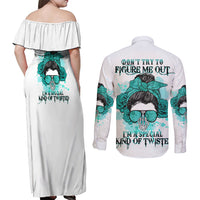 Don't Try To Figure Me Out Messy Bun Couples Matching Off Shoulder Maxi Dress and Long Sleeve Button Shirt - Wonder Print Shop