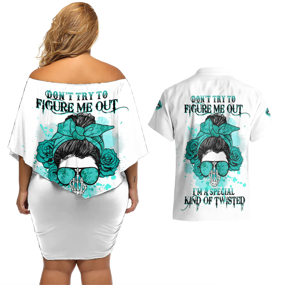 Don't Try To Figure Me Out Messy Bun Couples Matching Off Shoulder Short Dress and Hawaiian Shirt - Wonder Print Shop