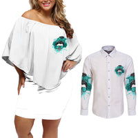 Don't Try To Figure Me Out Messy Bun Couples Matching Off Shoulder Short Dress and Long Sleeve Button Shirt - Wonder Print Shop