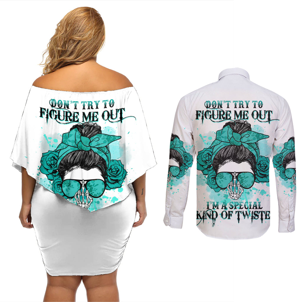 Don't Try To Figure Me Out Messy Bun Couples Matching Off Shoulder Short Dress and Long Sleeve Button Shirt - Wonder Print Shop
