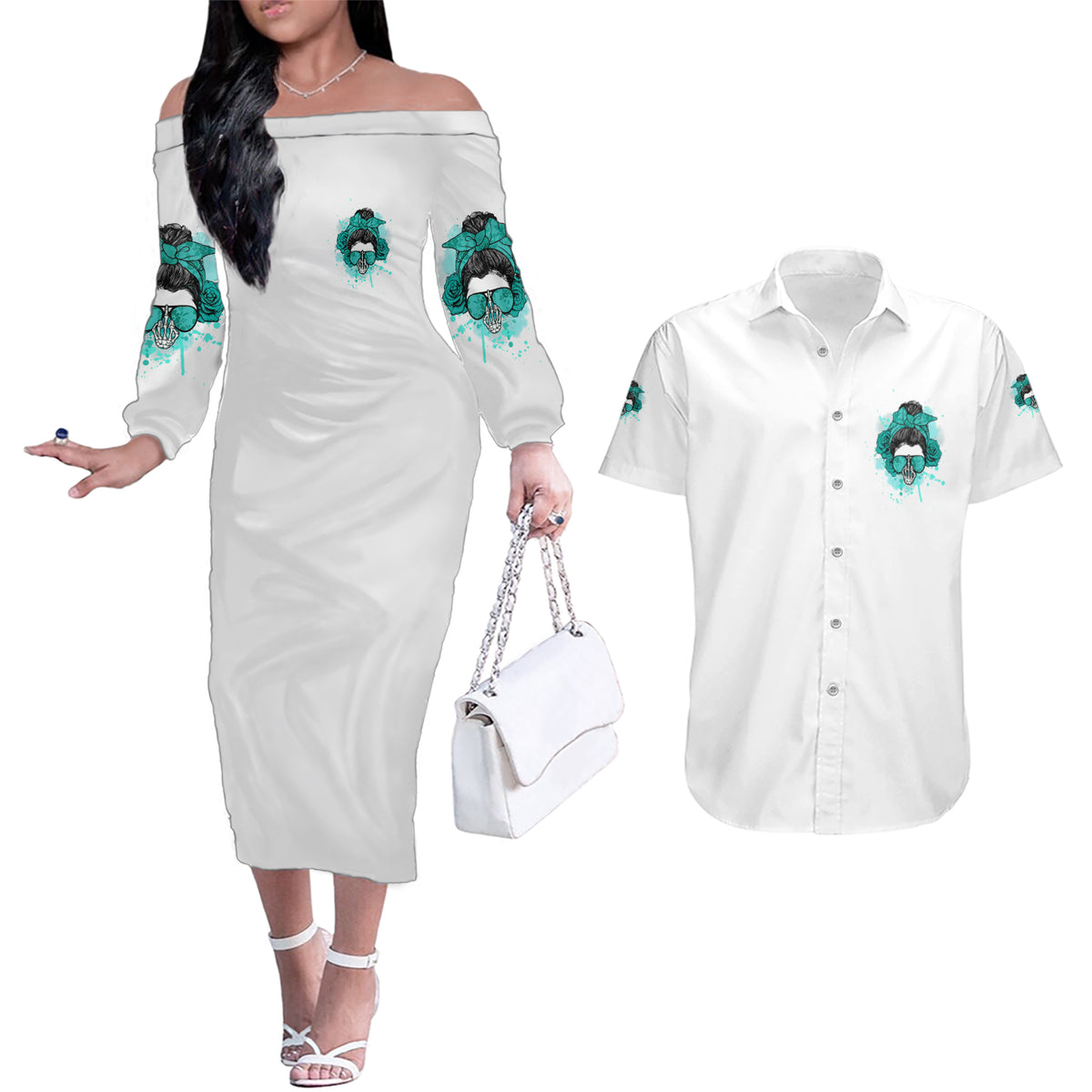 Don't Try To Figure Me Out Messy Bun Couples Matching Off The Shoulder Long Sleeve Dress and Hawaiian Shirt - Wonder Print Shop