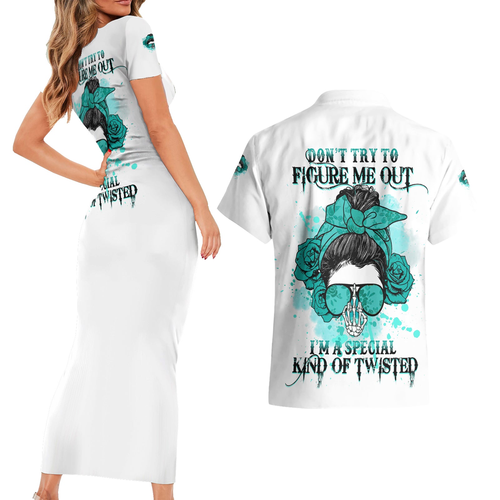Don't Try To Figure Me Out Messy Bun Couples Matching Short Sleeve Bodycon Dress and Hawaiian Shirt - Wonder Print Shop