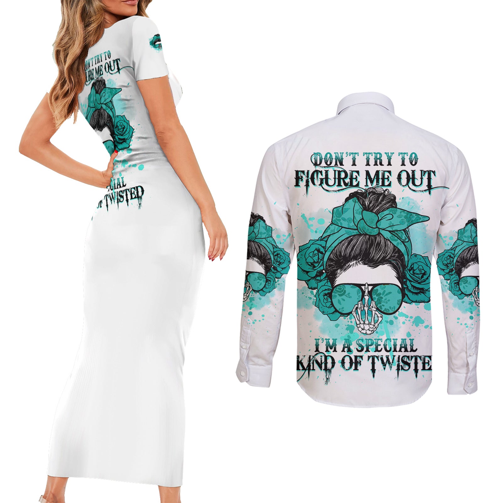 Don't Try To Figure Me Out Messy Bun Couples Matching Short Sleeve Bodycon Dress and Long Sleeve Button Shirt - Wonder Print Shop