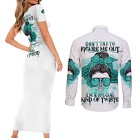 Don't Try To Figure Me Out Messy Bun Couples Matching Short Sleeve Bodycon Dress and Long Sleeve Button Shirt - Wonder Print Shop
