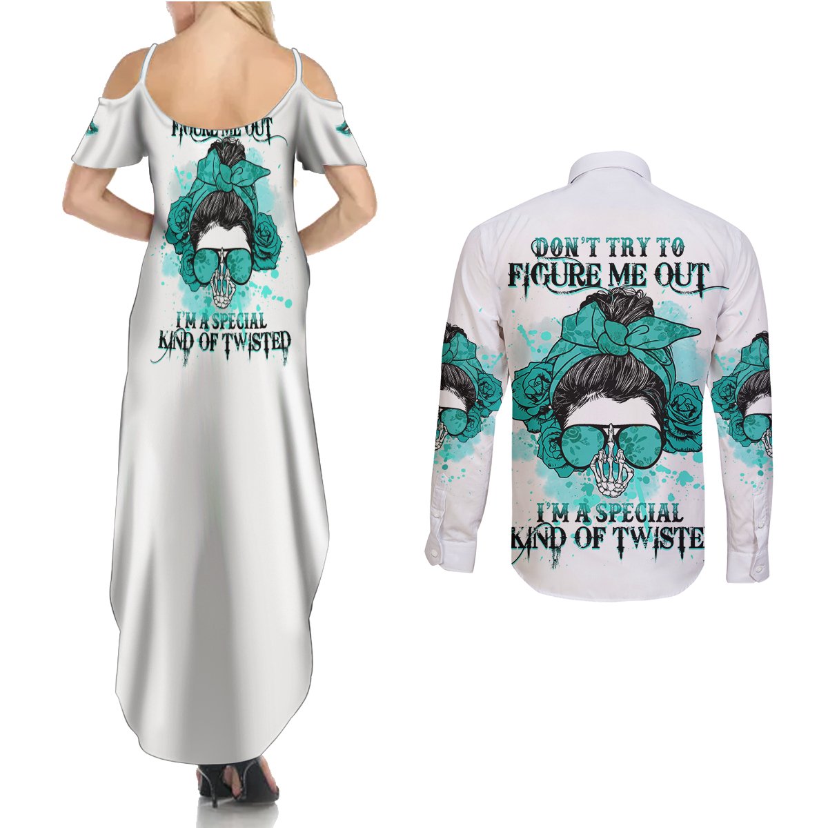 Don't Try To Figure Me Out Messy Bun Couples Matching Summer Maxi Dress and Long Sleeve Button Shirt - Wonder Print Shop