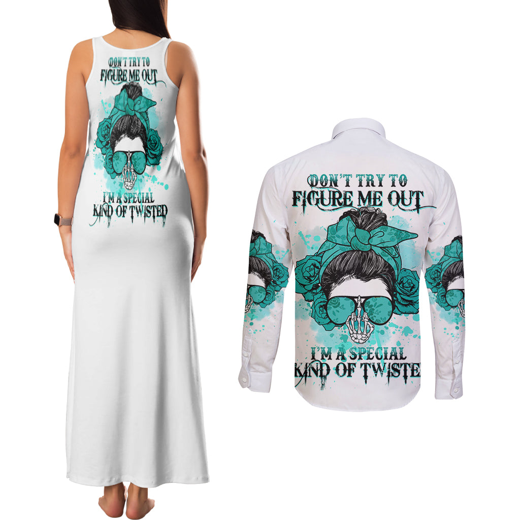Don't Try To Figure Me Out Messy Bun Couples Matching Tank Maxi Dress and Long Sleeve Button Shirt - Wonder Print Shop