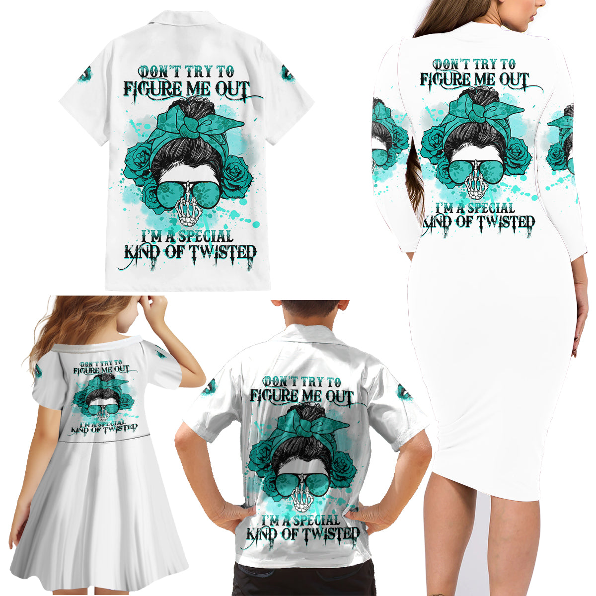 Don't Try To Figure Me Out Messy Bun Family Matching Long Sleeve Bodycon Dress and Hawaiian Shirt - Wonder Print Shop