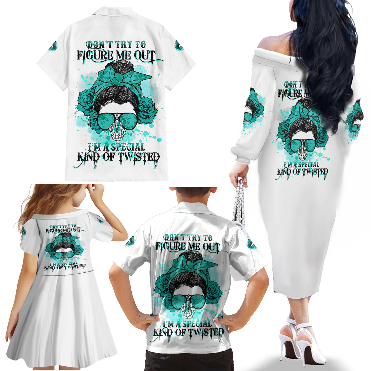 Don't Try To Figure Me Out Messy Bun Family Matching Off Shoulder Long Sleeve Dress and Hawaiian Shirt - Wonder Print Shop