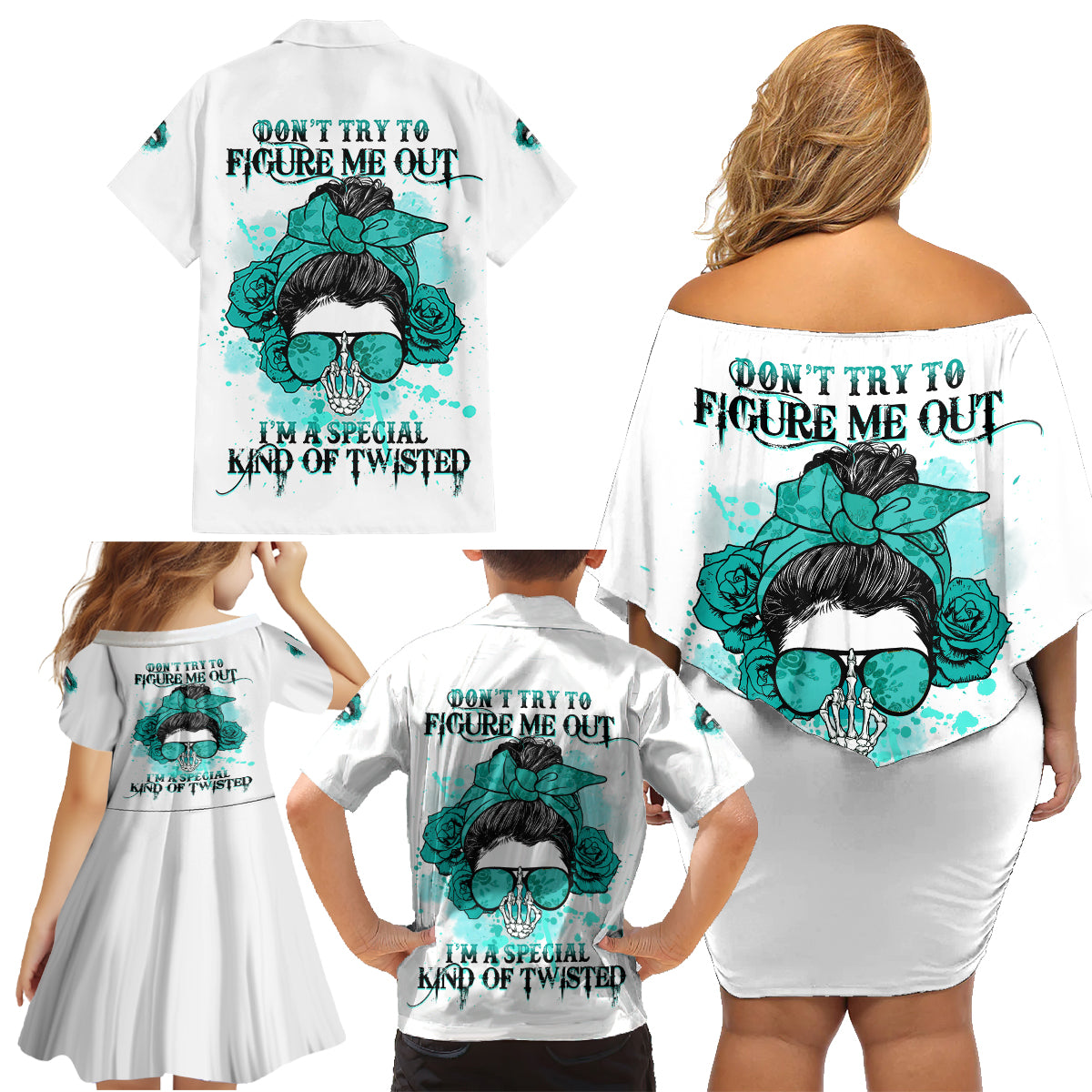 Don't Try To Figure Me Out Messy Bun Family Matching Off Shoulder Short Dress and Hawaiian Shirt - Wonder Print Shop