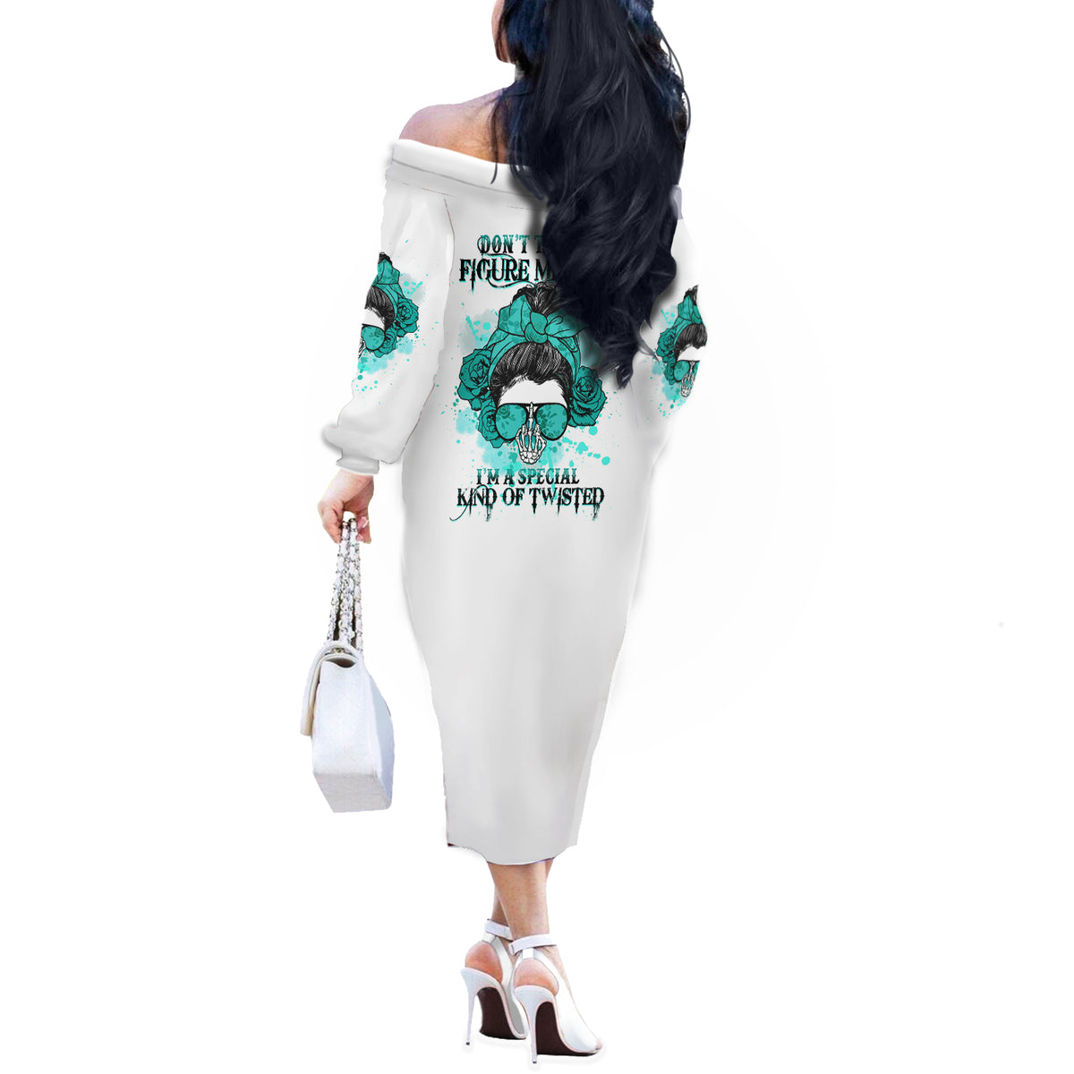Don't Try To Figure Me Out Messy Bun Off The Shoulder Long Sleeve Dress - Wonder Print Shop
