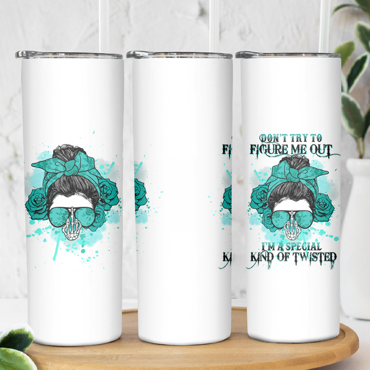 Don't Try To Figure Me Out Messy Bun Skinny Tumbler - Wonder Print Shop