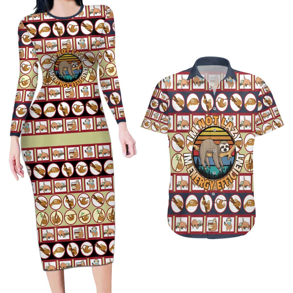 Sloth I'm Not Lazy I'm Energy Efficient Christmas Couples Matching Long Sleeve Bodycon Dress and Hawaiian Shirt Xmas Holiday Patterns - Wonder Print Shop