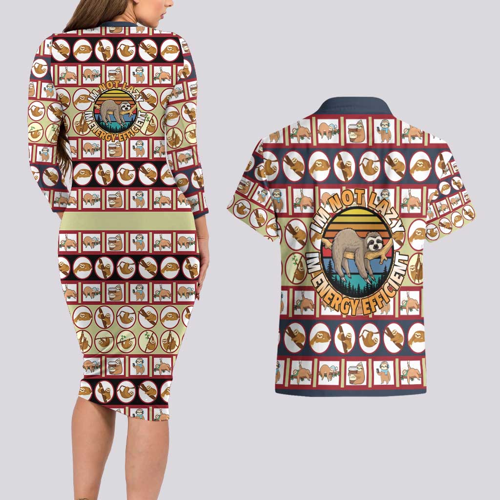 Sloth I'm Not Lazy I'm Energy Efficient Christmas Couples Matching Long Sleeve Bodycon Dress and Hawaiian Shirt Xmas Holiday Patterns - Wonder Print Shop