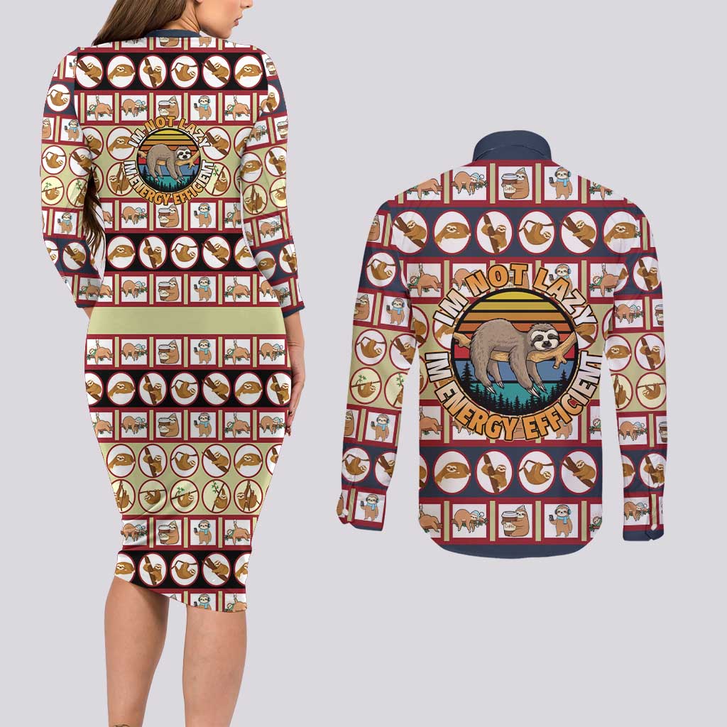 Sloth I'm Not Lazy I'm Energy Efficient Christmas Couples Matching Long Sleeve Bodycon Dress and Long Sleeve Button Shirt Xmas Holiday Patterns - Wonder Print Shop