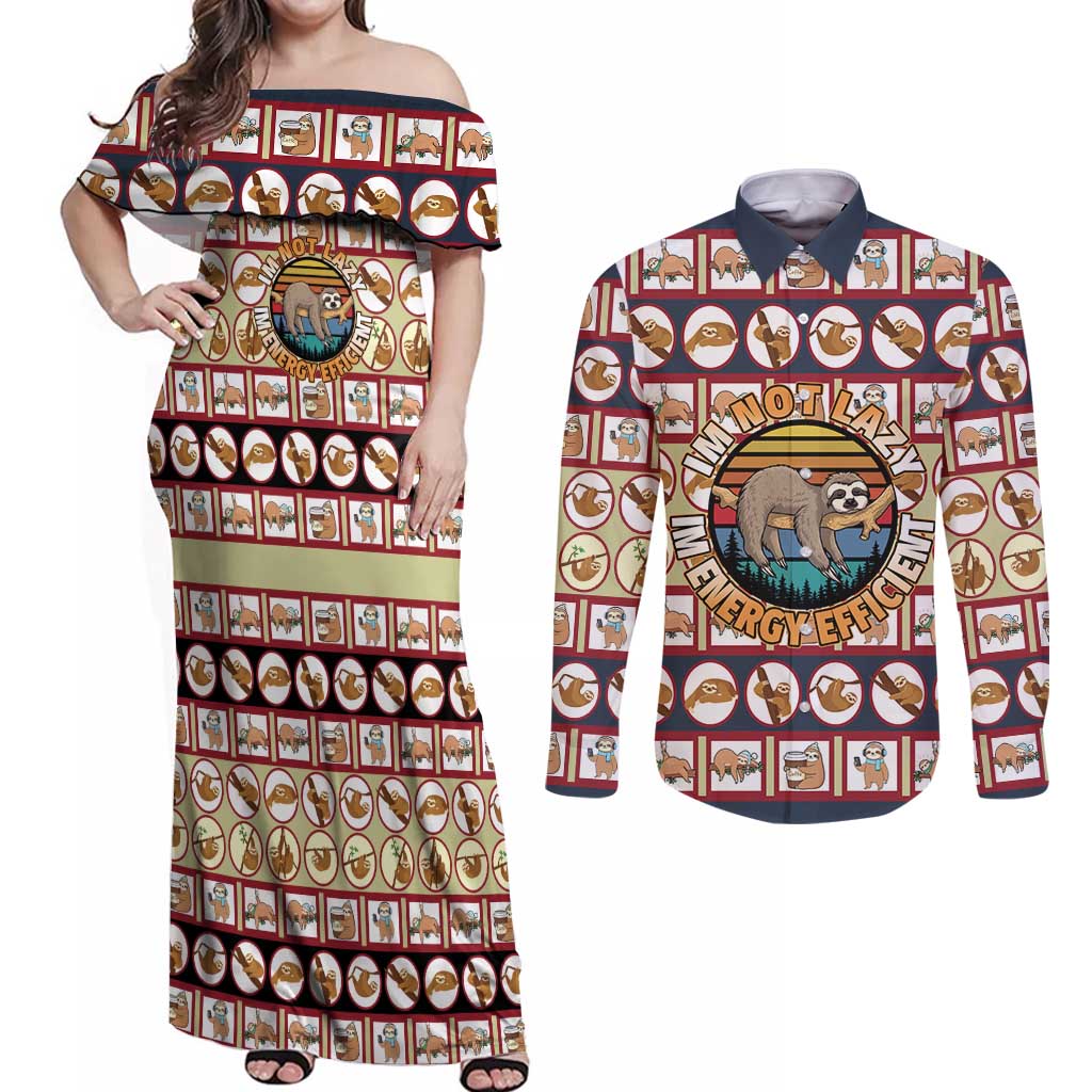 Sloth I'm Not Lazy I'm Energy Efficient Christmas Couples Matching Off Shoulder Maxi Dress and Long Sleeve Button Shirt Xmas Holiday Patterns - Wonder Print Shop