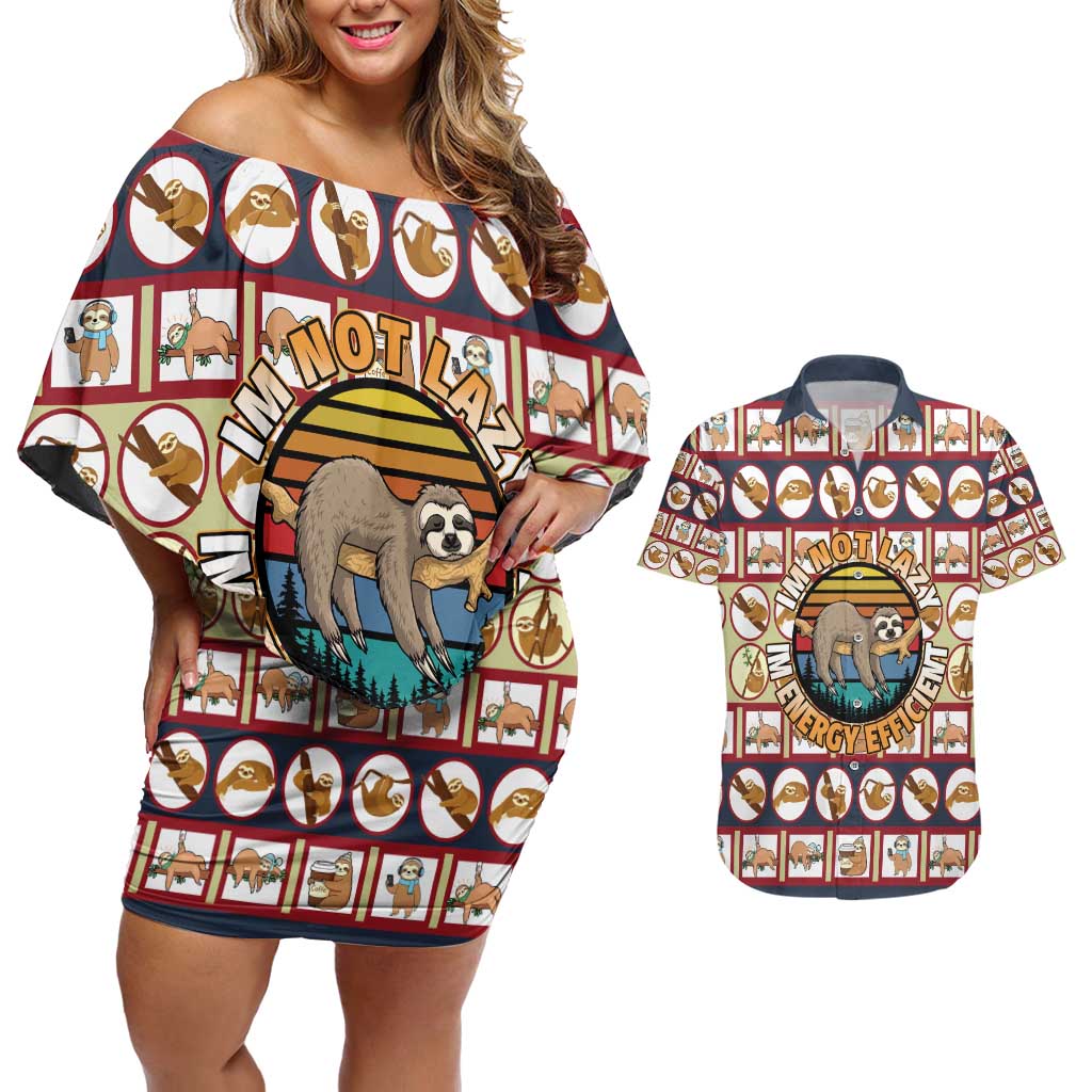 Sloth I'm Not Lazy I'm Energy Efficient Christmas Couples Matching Off Shoulder Short Dress and Hawaiian Shirt Xmas Holiday Patterns - Wonder Print Shop