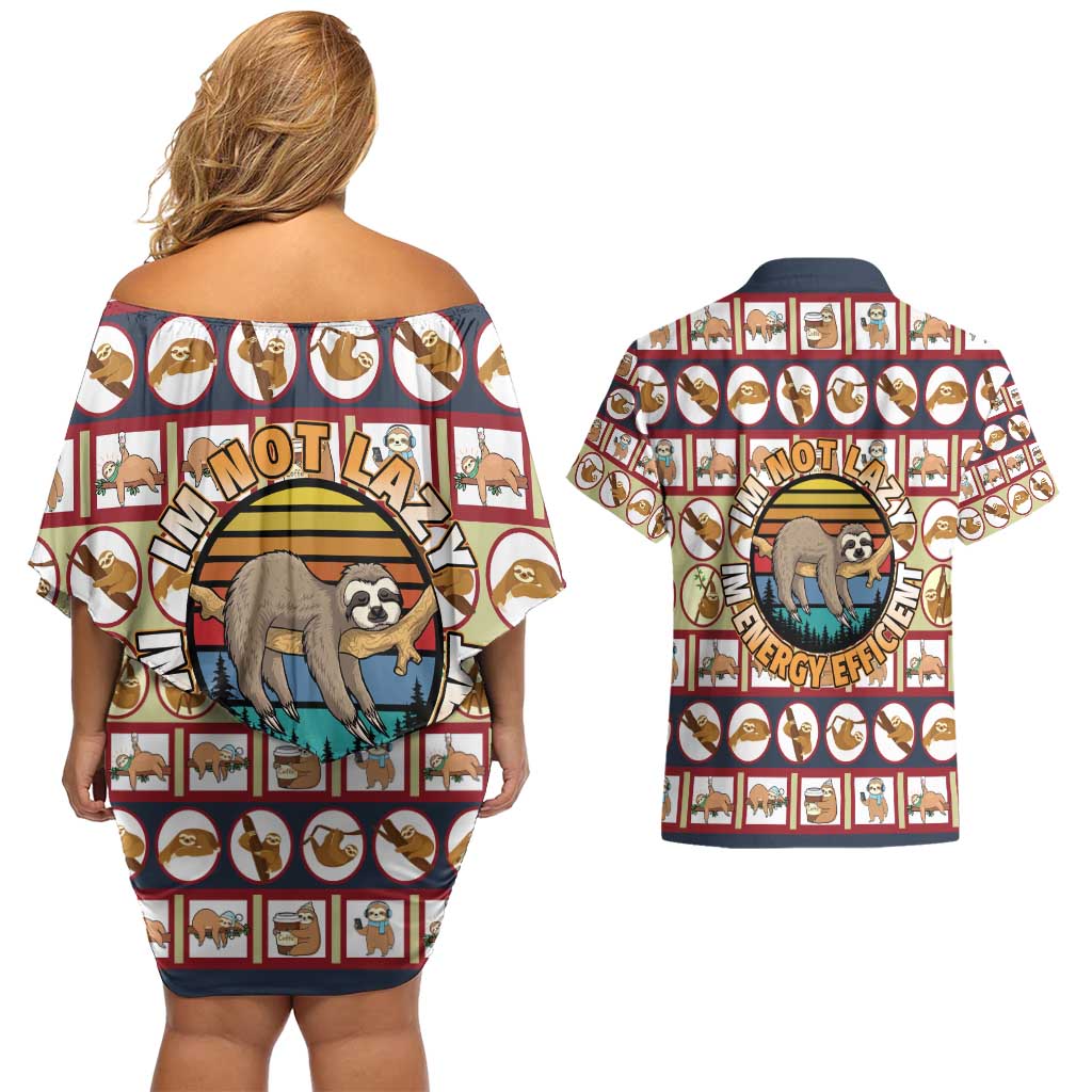 Sloth I'm Not Lazy I'm Energy Efficient Christmas Couples Matching Off Shoulder Short Dress and Hawaiian Shirt Xmas Holiday Patterns - Wonder Print Shop