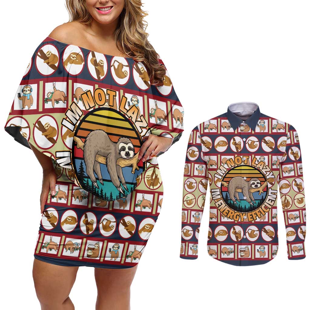 Sloth I'm Not Lazy I'm Energy Efficient Christmas Couples Matching Off Shoulder Short Dress and Long Sleeve Button Shirt Xmas Holiday Patterns - Wonder Print Shop