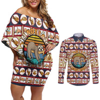 Sloth I'm Not Lazy I'm Energy Efficient Christmas Couples Matching Off Shoulder Short Dress and Long Sleeve Button Shirt Xmas Holiday Patterns - Wonder Print Shop